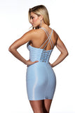 Light Blue Bodycon Satin Short Halter Homecoming Dress with Fringes