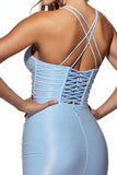 Light Blue Bodycon Satin Short Halter Homecoming Dress with Fringes