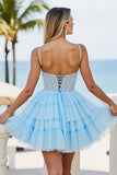 Light Blue Corset Tulle A Line Short Homecoming Dress with Beading