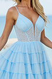 Light Blue Corset Tulle A Line Short Homecoming Dress with Beading