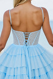 Light Blue Corset Tulle A Line Short Homecoming Dress with Beading