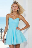 Blue Tulle A Line Short Spaghetti Straps Homecoming Dress with Bow