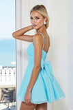 Blue Tulle A Line Short Spaghetti Straps Homecoming Dress with Bow