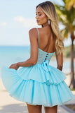 Blue Corset Tulle A Line Tiered Short Homecoming Dress