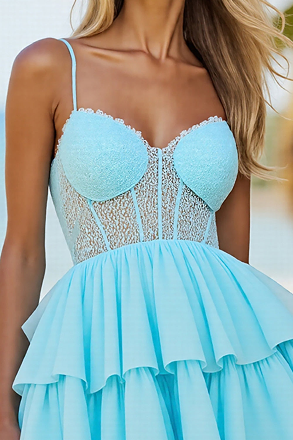 Blue Corset Tulle A Line Tiered Short Homecoming Dress