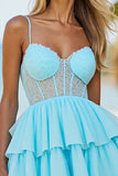 Blue Corset Tulle A Line Tiered Short Homecoming Dress