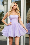 Lilac A Line Tulle Short Strapless Homecoming Dress