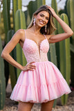Pink Corset A Line Tulle Short Homecoming Dress with Lace