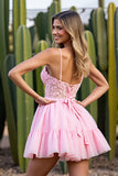 Pink Corset A Line Tulle Short Homecoming Dress with Lace