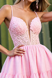 Pink Corset A Line Tulle Short Homecoming Dress with Lace