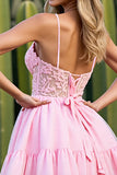 Pink Corset A Line Tulle Short Homecoming Dress with Lace