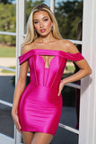 Fuchsia Satin Off the Shoulder Short Corset Bodycon Homecoming Dress