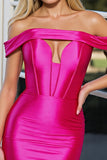 Fuchsia Satin Off the Shoulder Short Corset Bodycon Homecoming Dress