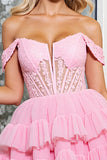 Corset Pink Tulle Short A Line Homecoming Dress with Appliques