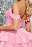 Corset Pink Tulle Short A Line Homecoming Dress with Appliques