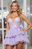 Lilac Corset Tulle A Line Short Homecoming Dress with Bows