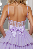 Lilac Corset Tulle A Line Short Homecoming Dress with Bows