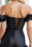 Black Corset Off the Shoulder Short Satin Homecoming Dress with Ruffles