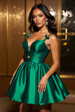 Dark Green A Line Satin Spaghetti Straps Short Homecoming Dress