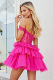 Sparkly Fuchsia A Line Corset Short Tulle Homecoming Dress