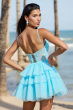 Light Blue Corset A Line Short Tulle Homecoming Dress with Lace