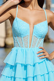 Light Blue Corset A Line Short Tulle Homecoming Dress with Lace
