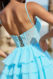 Light Blue Corset A Line Short Tulle Homecoming Dress with Lace
