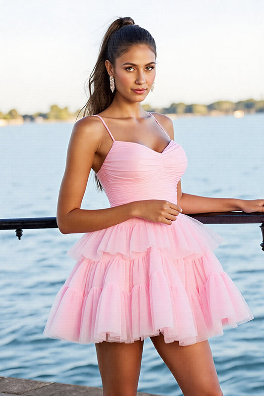 Pink A Line Tulle Short Tiered Homecoming Dress