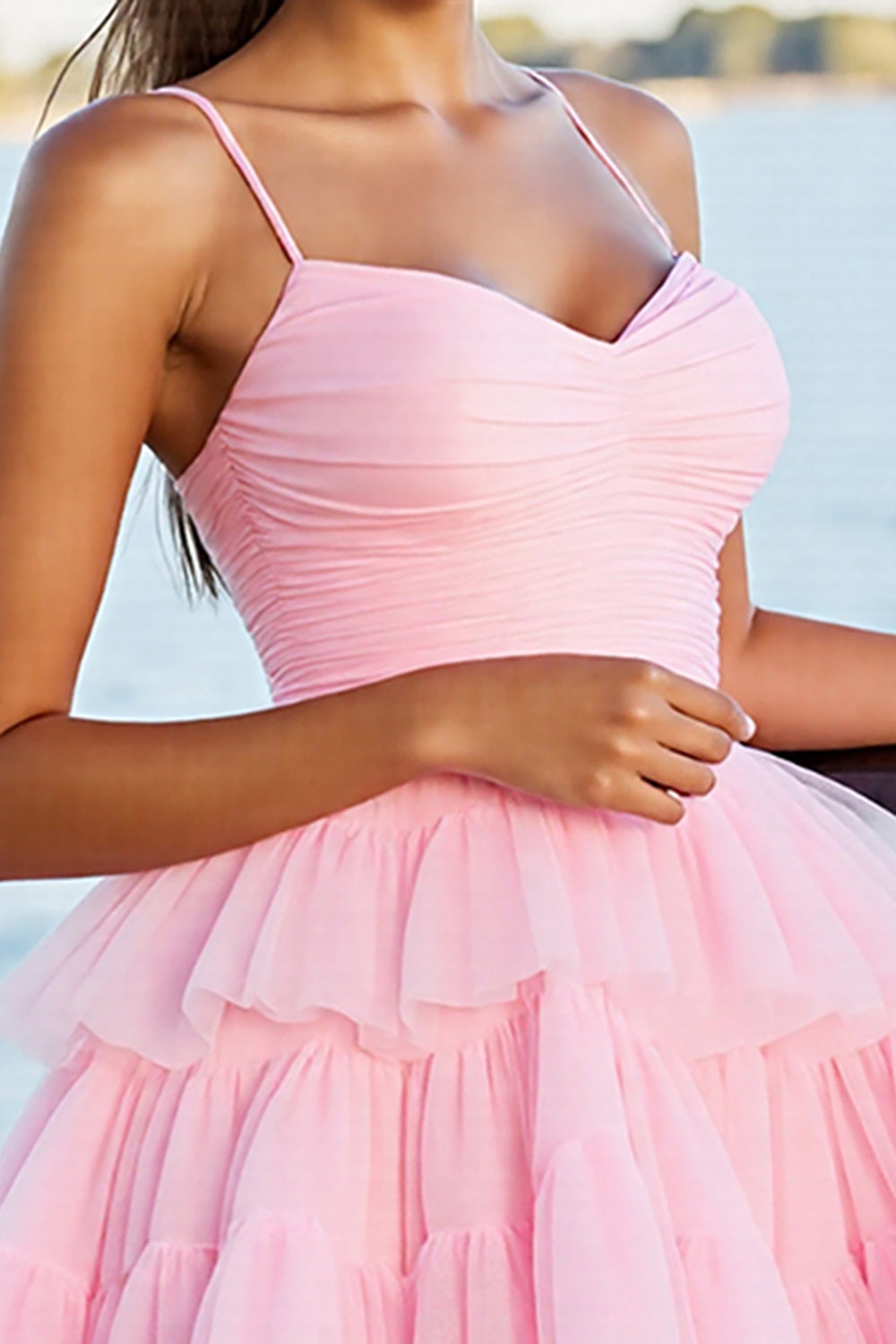 Pink A Line Tulle Short Tiered Homecoming Dress