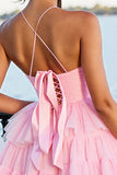 Pink A Line Tulle Short Tiered Homecoming Dress