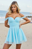 Light Blue Tulle Off the Shoulder A Line Short Homecoming Dress