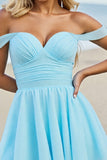 Light Blue Tulle Off the Shoulder A Line Short Homecoming Dress