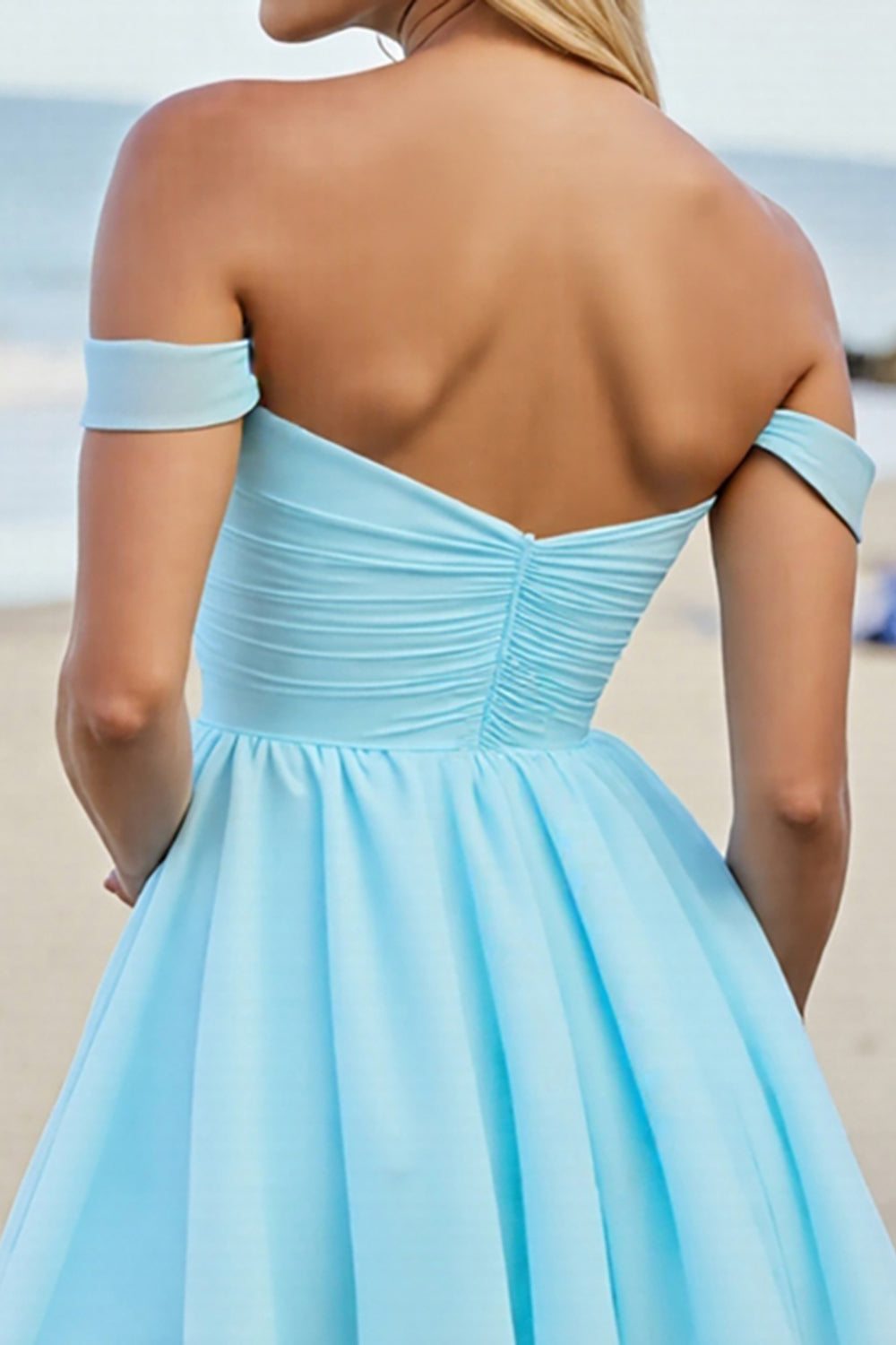 Light Blue Tulle Off the Shoulder A Line Short Homecoming Dress