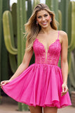 Corset Fuchsia Tulle Short A Line Homecoming Dress with Appliques