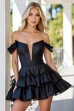 Black Corset A Line Tiered Short Satin Homecoming Dress