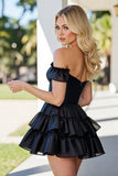 Black Corset A Line Tiered Short Satin Homecoming Dress