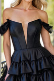 Black Corset A Line Tiered Short Satin Homecoming Dress