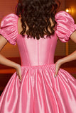Pink Corset A Line Satin Short Homecoming Dress with Puff Sleeves