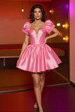 Pink Corset A Line Satin Short Homecoming Dress with Puff Sleeves