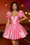 Pink Corset A Line Satin Short Homecoming Dress with Puff Sleeves