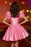 Pink Corset A Line Satin Short Homecoming Dress with Puff Sleeves