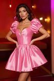 Pink Corset A Line Satin Short Homecoming Dress with Puff Sleeves