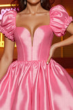 Pink Corset A Line Satin Short Homecoming Dress with Puff Sleeves