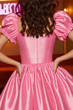 Pink Corset A Line Satin Short Homecoming Dress with Puff Sleeves