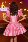 Pink Corset A Line Satin Short Homecoming Dress with Puff Sleeves