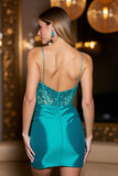 Sparkly Corset Peacock Green Short Satin Homecoming Dress