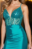 Sparkly Corset Peacock Green Short Satin Homecoming Dress