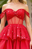 Sparkly Red Corset A Line Off the Shoulder Short Homecoming Dress