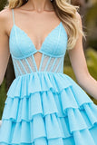 Light Blue Corset Tulle A Line Short Homecoming Dress with Appliques