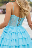 Light Blue Corset Tulle A Line Short Homecoming Dress with Appliques